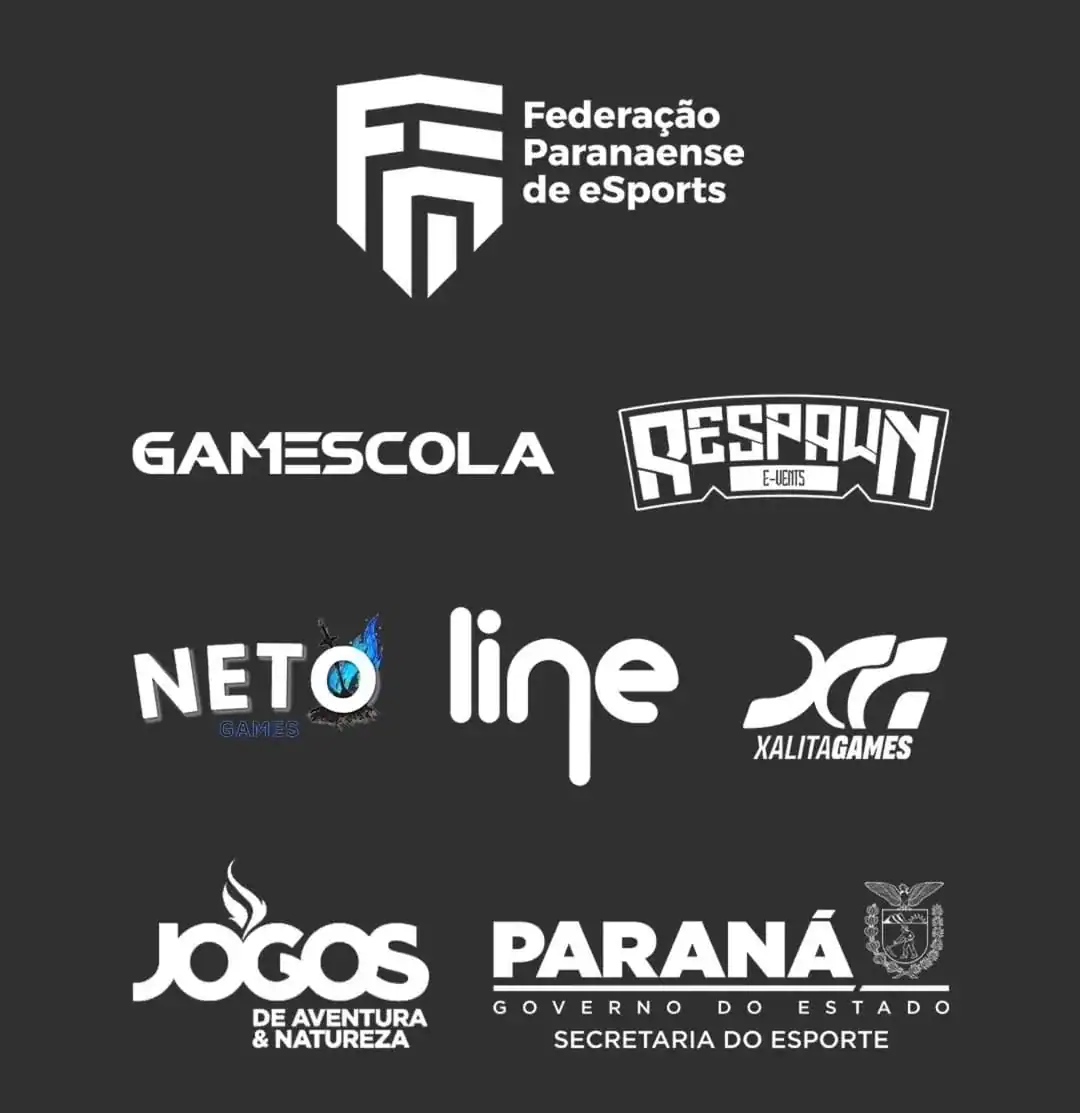 Federação Paranaense de eSports, logos de plataformas de jogos digitais e eventos de esports no Paraná; destaque para Neto Games Digitais.